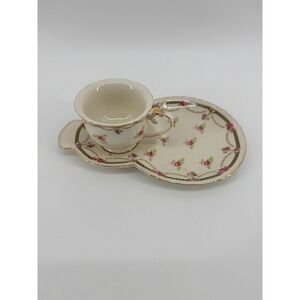 Gracie China Petite Fleur Snack Set Cup and Plate Pink Rose Gold Trim Porcelain